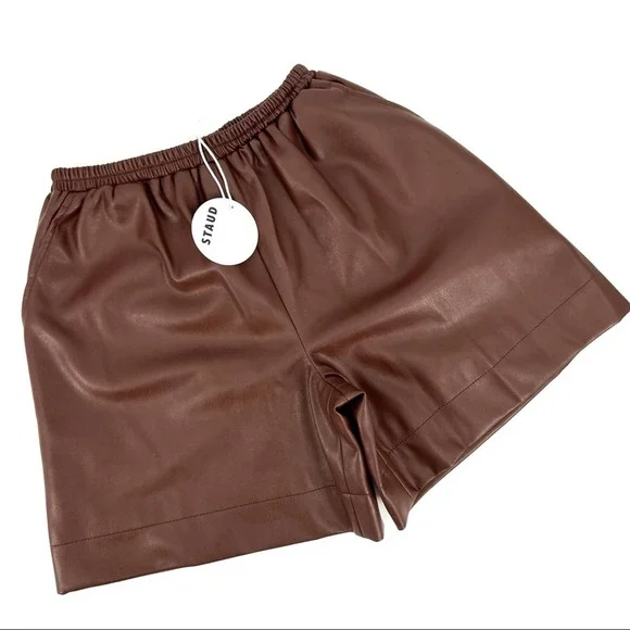 STAUD Clark Faux Vegan Leather Shorts SZ XS Bark Brown - Picture 5 of 13